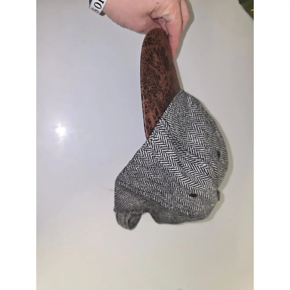 Herringbone Fabric Baseball Cap with Brown Faux-Leather Brim